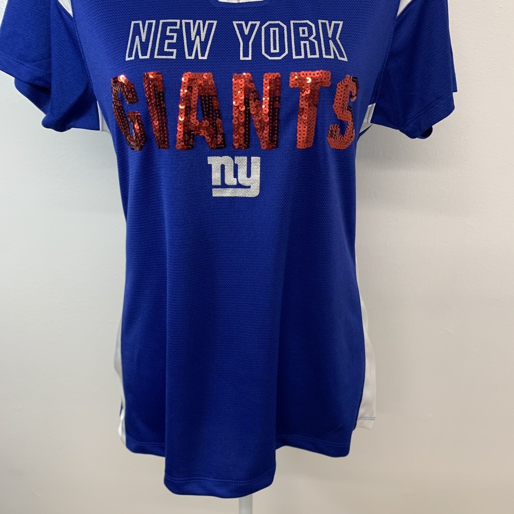 New York Giants Jersey Polo Large Woman Sequins Blue Red NFL Team Apparel V Neck - Picture 3 of 10